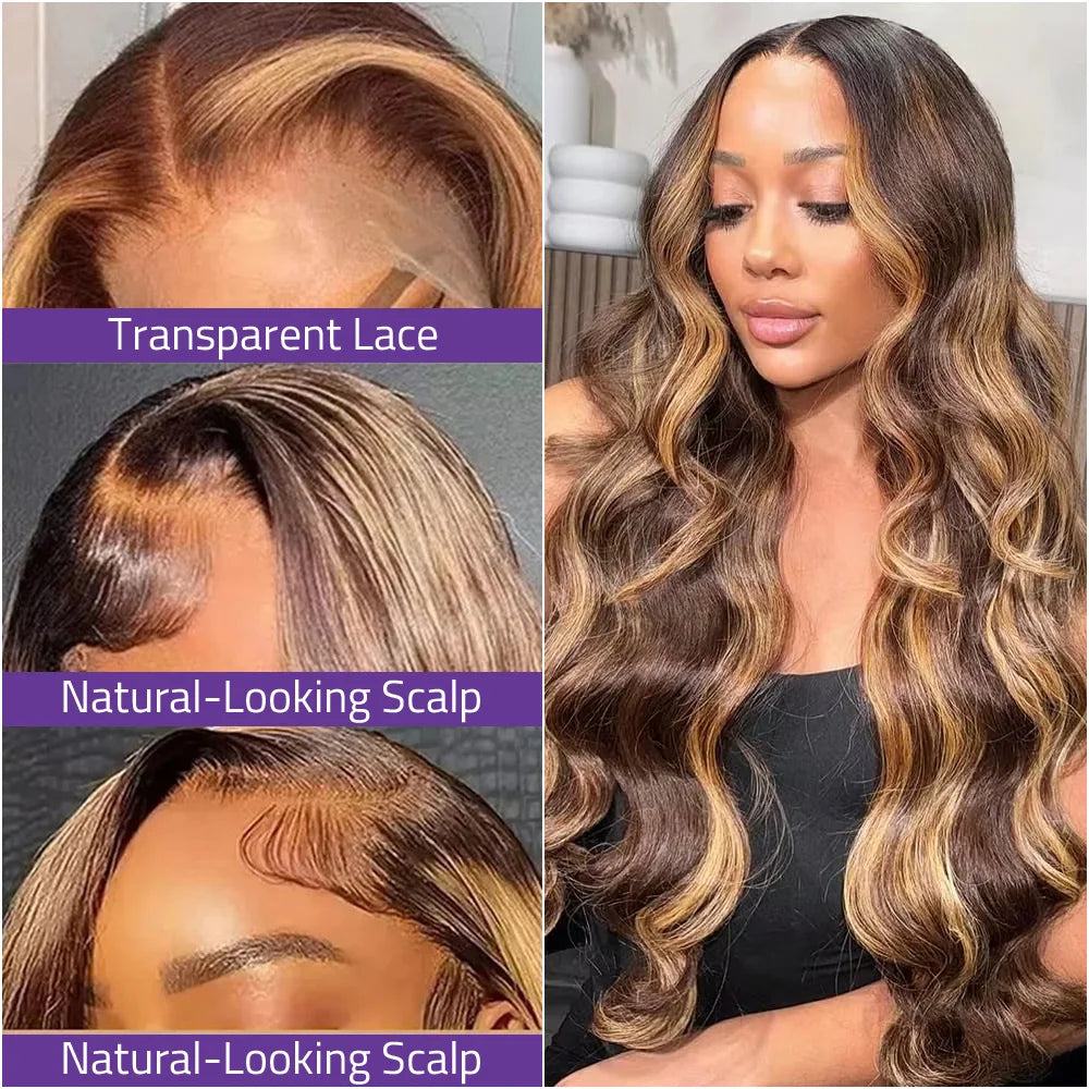 P4/27 Body Wave Highlight Lace Wig 100% Original Human Hair 13X6 HD Lace Frontal Wig 220 Density 13x4 Transparent Front Lace Wig