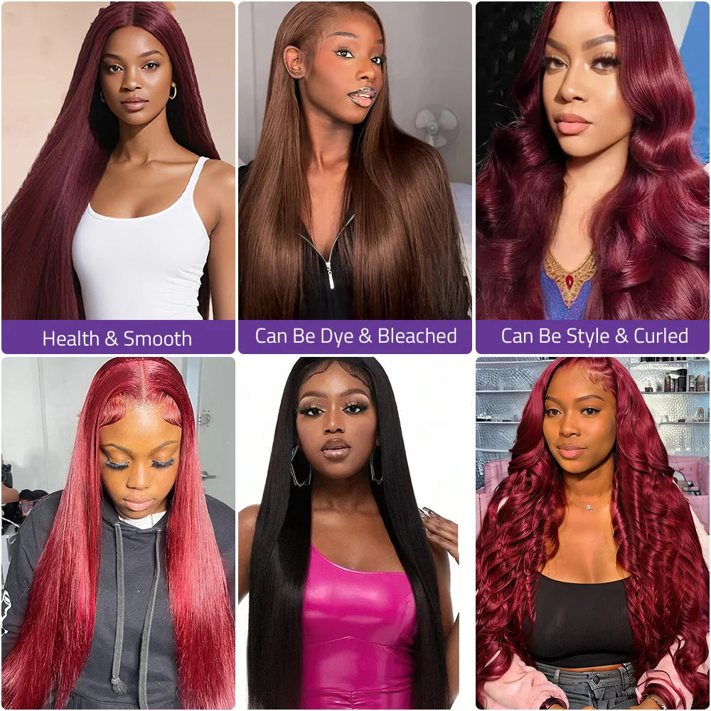 Burgundy Bone Straight 13x4 HD Frontal Lace Human Hair Wig Red Wine 13x6 Frontal Lace 100% Human Hair Wig 99J Brazilian Hair Wig